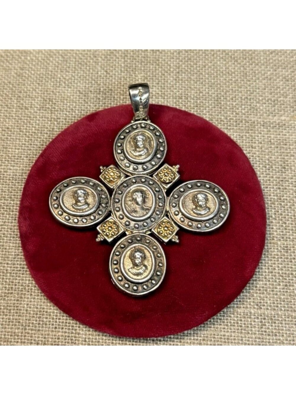 Tagliamonte Sterling Silver & 14K Cross Pendant Orthodox Style Cameo 2 1/2"